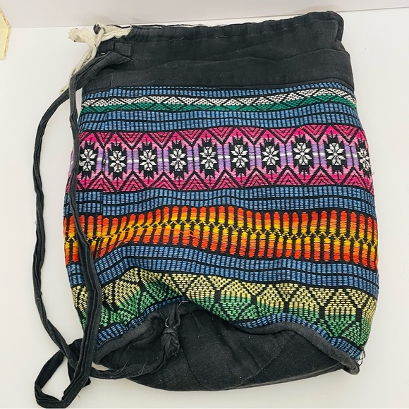 Large Embroidered Striped Pattern Drawstring Boho Bucket Weekender Travel Bag - Picture 8 of 8